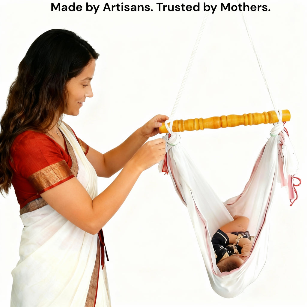 Wooden Cradle Stick with Rope and Wooden Rattle Set | Traditional Newborn Baby Cradle Support and Sensory Toy Combo