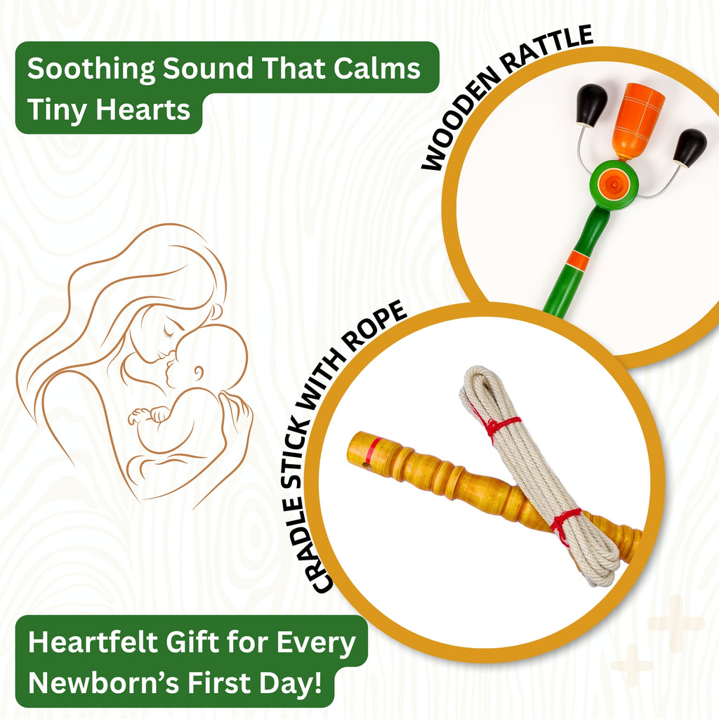 Wooden Cradle Stick with Rope and Wooden Rattle Set | Traditional Newborn Baby Cradle Support and Sensory Toy Combo