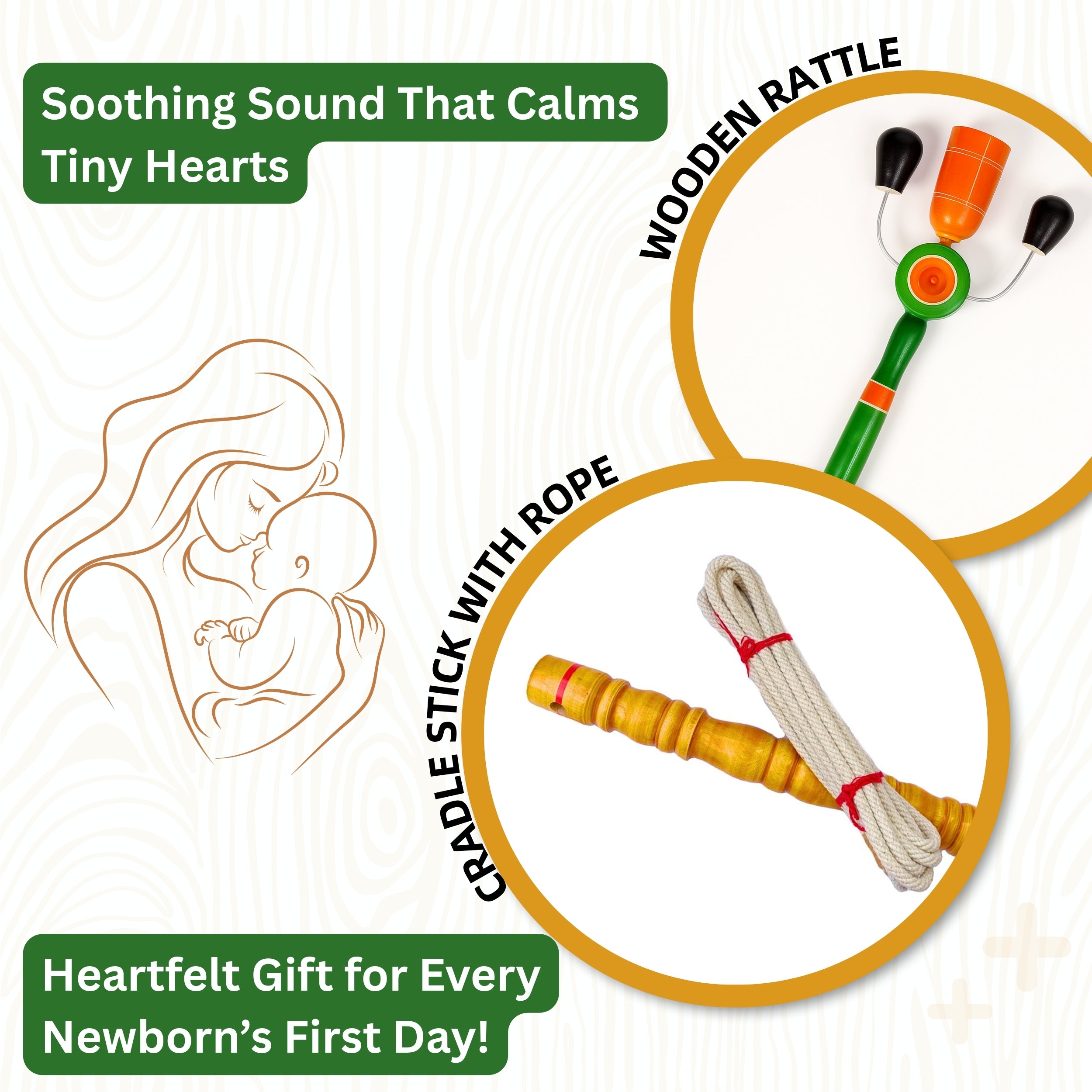 Wooden Cradle Stick with Rope and Wooden Rattle Set | Traditional Newborn Baby Cradle Support and Sensory Toy Combo