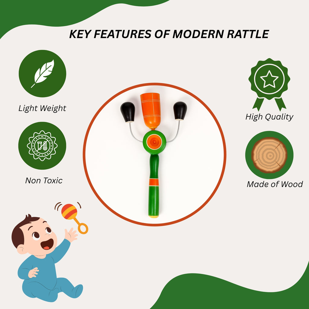 Wooden Cradle Stick with Rope and Wooden Rattle Set | Traditional Newborn Baby Cradle Support and Sensory Toy Combo