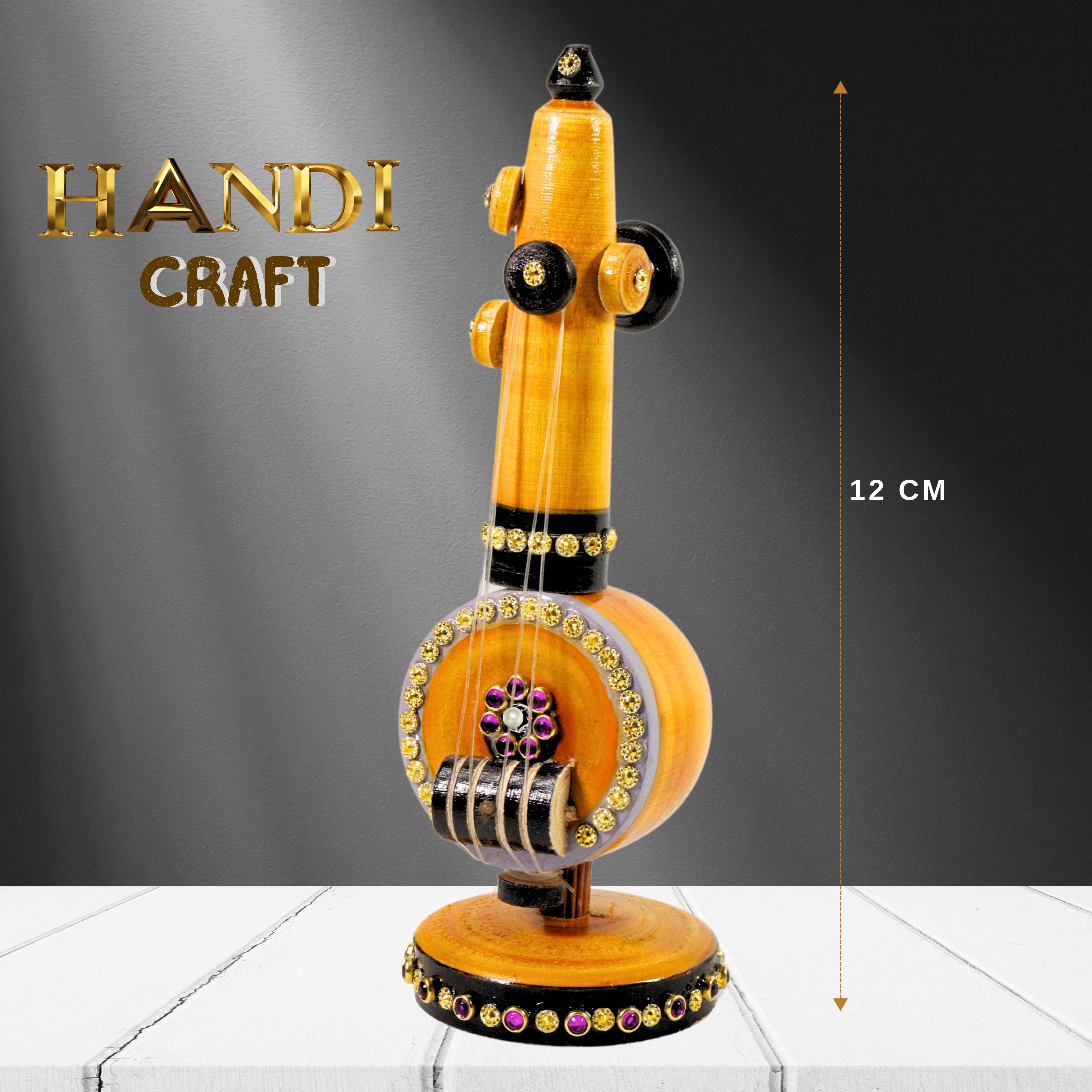 Handmade Wooden Veena Showpiece with Glitter Stone Work | Small Size | Luxury Home Decor for Living Room, Pooja Room & Office