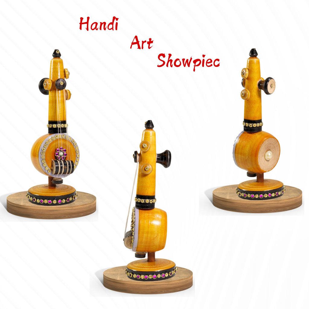 Handmade Wooden Veena Showpiece with Glitter Stone Work | Small Size | Luxury Home Decor for Living Room, Pooja Room & Office