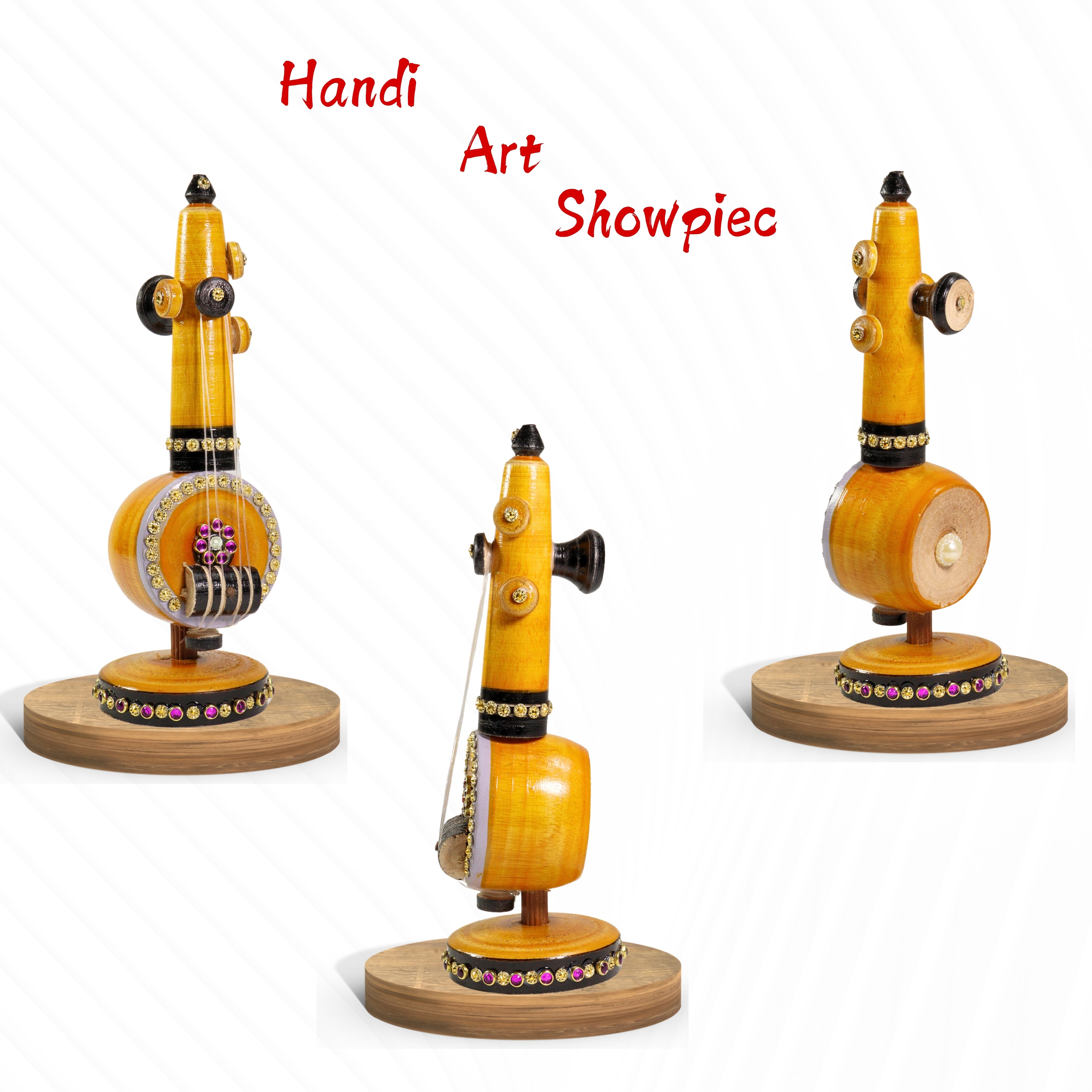 Handmade Wooden Veena Showpiece with Glitter Stone Work | Small Size | Luxury Home Decor for Living Room, Pooja Room & Office