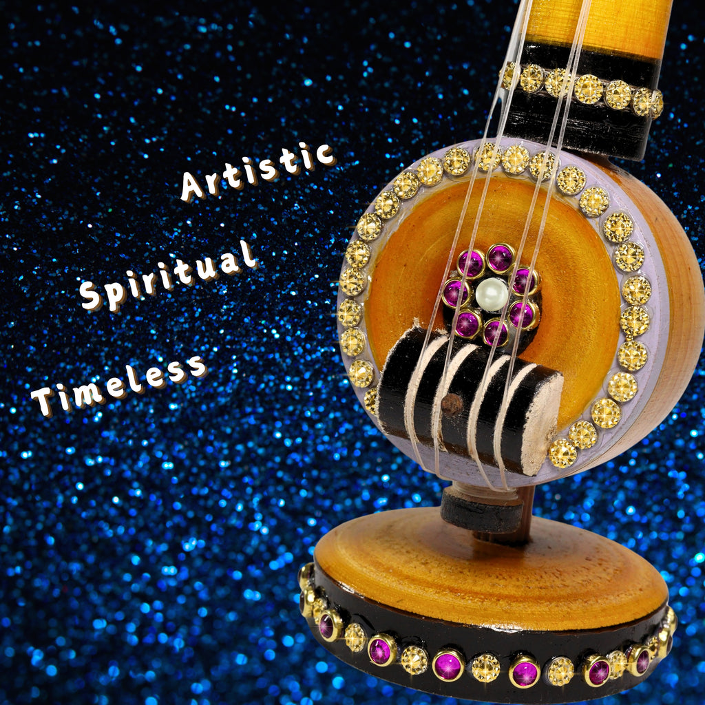 Handmade Wooden Veena Showpiece with Glitter Stone Work | Small Size | Luxury Home Decor for Living Room, Pooja Room & Office