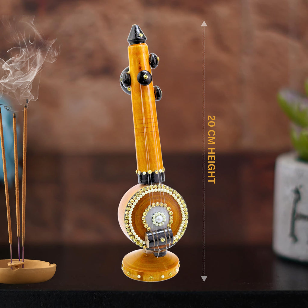 Traditional Wooden Veena Decor | Handmade Showpiece with Sparkling Stone Work | Gifting and Decoration for Pooja room