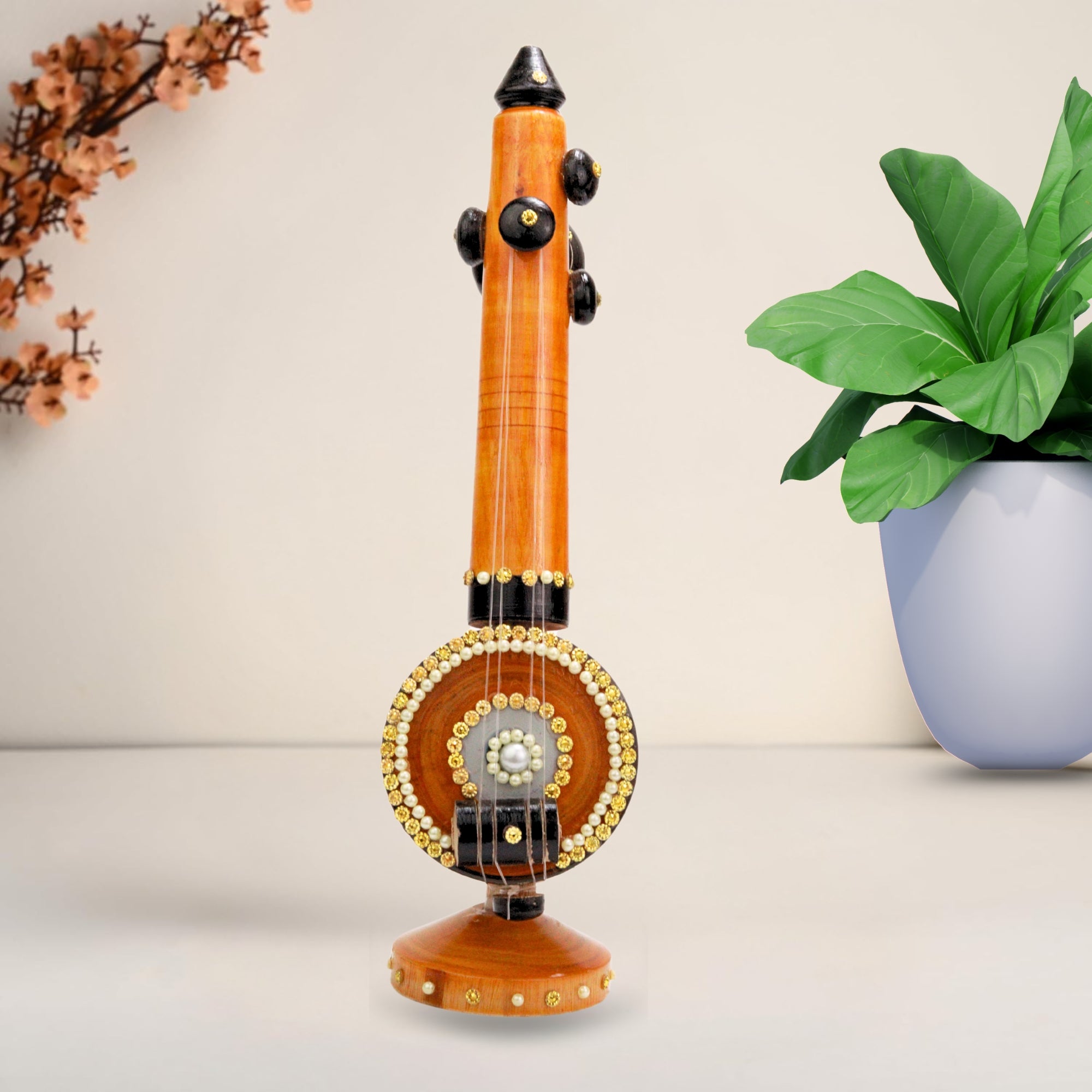 Traditional Wooden Veena Decor | Handmade Showpiece with Sparkling Stone Work | Gifting and Decoration for Pooja room