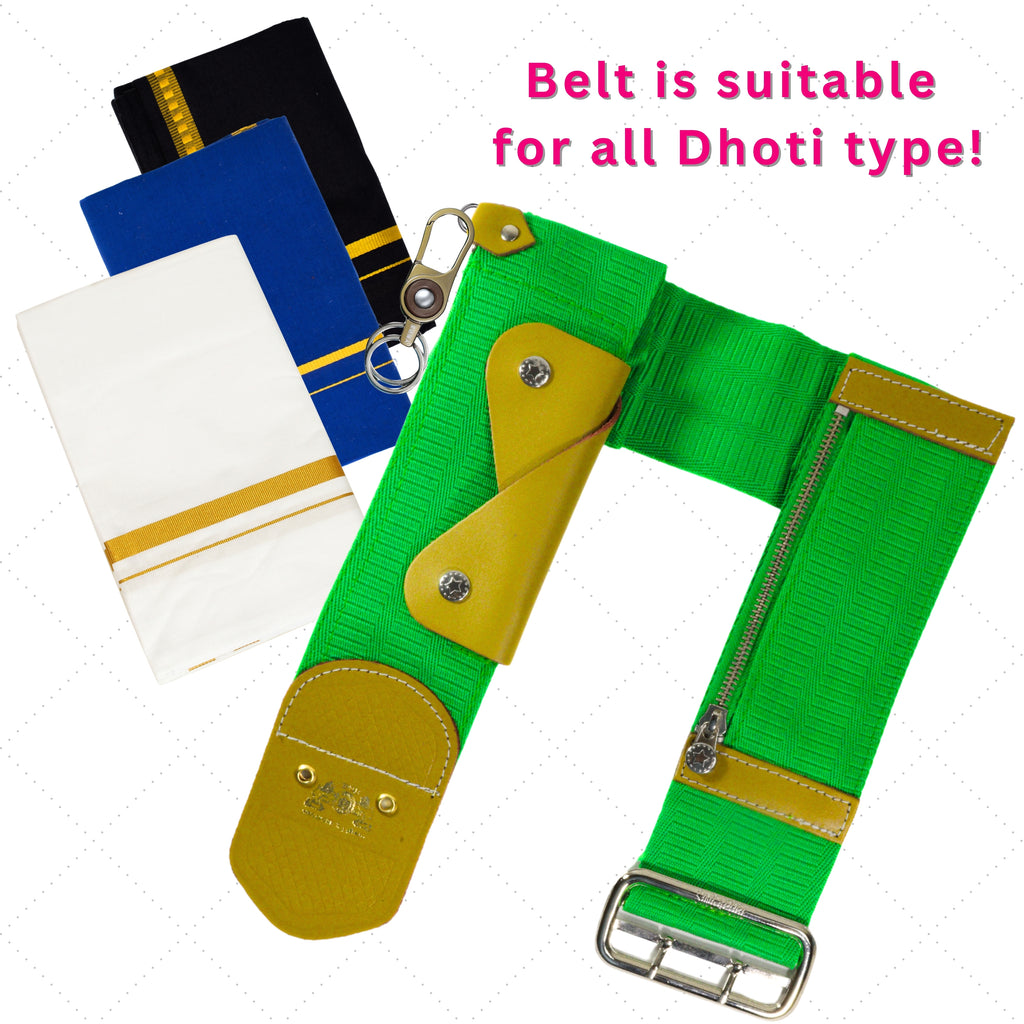 Dhoti Belt for Men Adjustable 36–40 Inch | Double Pin Buckle | Money Purse, Zipper Pocket & Metal Clip (Green)