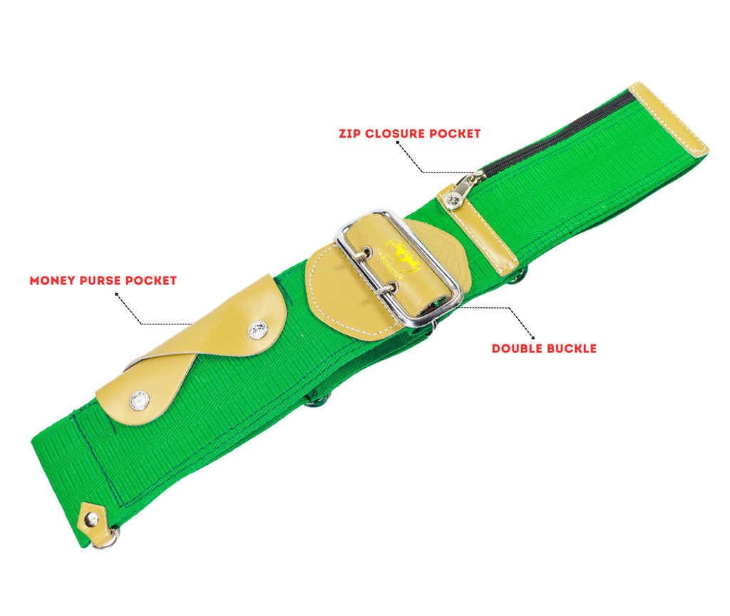 Dhoti Belt for Men Adjustable 36–40 Inch | Double Pin Buckle | Money Purse, Zipper Pocket & Metal Clip (Green)