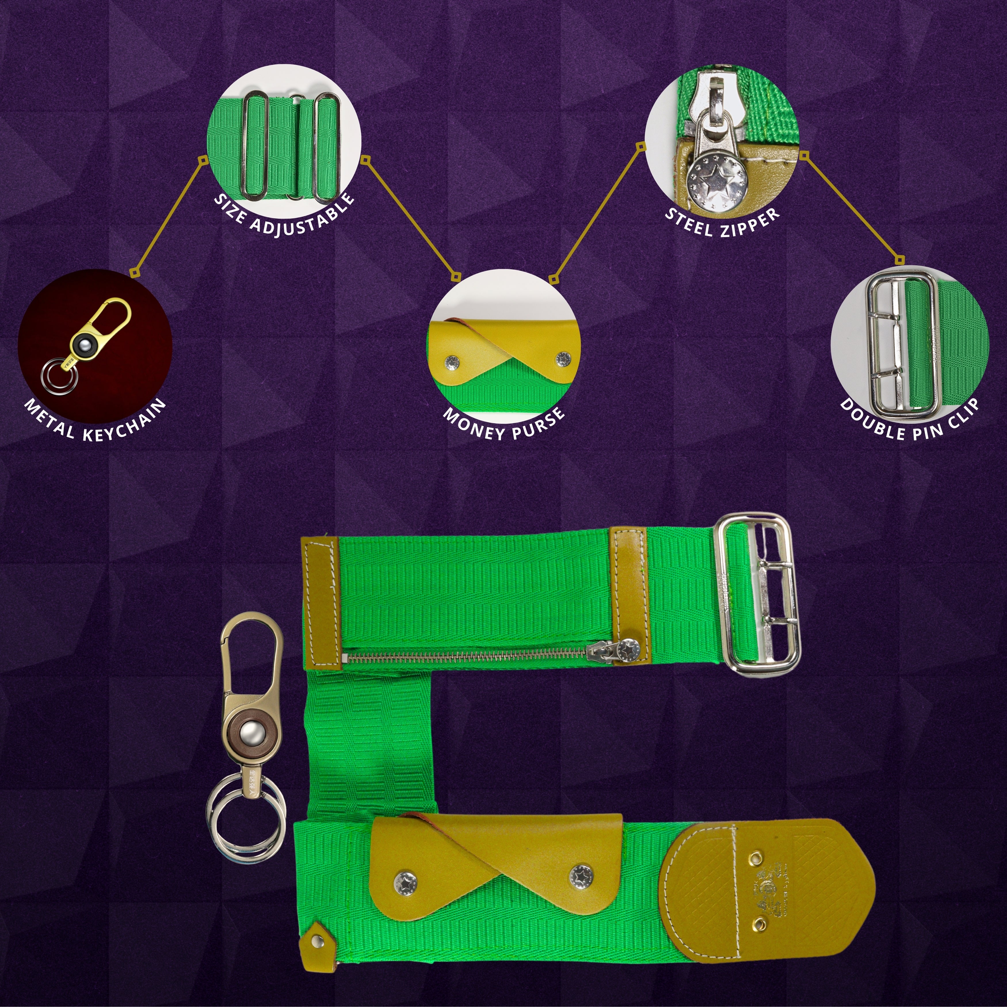 Dhoti Belt for Men Adjustable 36–40 Inch | Double Pin Buckle | Money Purse, Zipper Pocket & Metal Clip (Green)